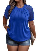 Camiseta feminina SOLY HUX plus size em renda contrastante azul 3GG Camiseta feminina SOLY HUX plus size em renda contrastante azul 3GG
