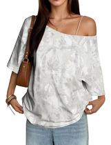 Camiseta feminina Somzop Off The Shoulder Camo Maple Leaf Print Camiseta feminina Somzop Off The Shoulder Camo Maple Leaf Print