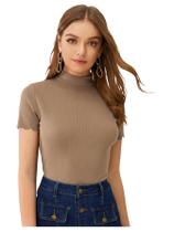 Camiseta feminina SweatyRocks com gola simulada, canelada, cáqui claro