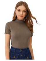 Camiseta feminina SweatyRocks com gola simulada, malha canelada, cáqui escuro
