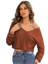 Camiseta feminina SweatyRocks de manga comprida com decote em V Camiseta feminina SweatyRocks de manga comprida com decote em V