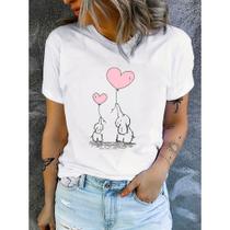 Camiseta Feminina T-shirt Elefantinhos Fofos Coração 100% Algodão Premium