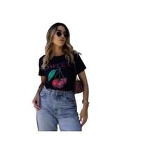 Camiseta Feminina T-shirt Estampa Cherry Cereja Tendência