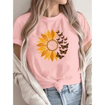 Camiseta Feminina T-shirt Floral Girassol Borboleta 100% Algodão Premium