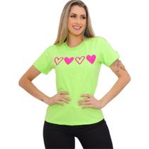 Camiseta Feminina T-Shirt Tecido 100% Algodão Comfort Estampa Exclusiva Corações - 5 estilos