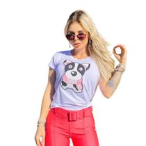 Camiseta Feminina T-shirts Branca Cachorrinho Curta Paetê