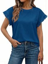 Camiseta feminina Tankaneo, de verão, gola redonda, renda, manga curta, azul