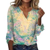 Camiseta feminina TBILILO Boho com babados, manga 3/4, decote em V, coelho e floral Camiseta feminina TBILILO Boho com babados, manga 3/4, decote em V, coelho e floral