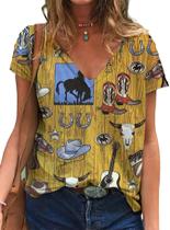 Camiseta feminina Teslawi Western Aztec vintage com decote em V XXL