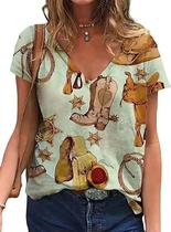 Camiseta feminina Teslawi Western Aztec Vintage com decote em V