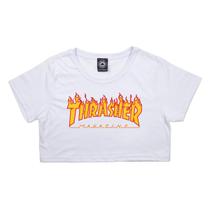 Camiseta Feminina Thrasher Flame Logo Crop Girl Branco
