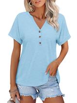 Camiseta feminina TICTICMISS com decote em V e manga curta, verão, verde claro Camiseta feminina TICTICMISS com decote em V e manga curta, verão, verde claro