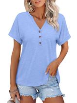 Camiseta feminina TICTICMISS de manga curta com decote em V azul de verão Camiseta feminina TICTICMISS de manga curta com decote em V azul de verão