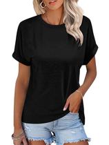 Camiseta feminina TICTICMISS, manga curta enrolada, gola redonda, preta Camiseta feminina TICTICMISS, manga curta enrolada, gola redonda, preta