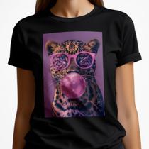 Camiseta Feminina Tigre Óculos Rosa Bolha Estampa Moderna Camisa Casual 100% Algodão Premium