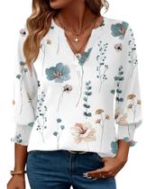 Camiseta feminina Top LOMON de manga 3/4 com decote em V branca azul floral