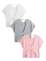 Camiseta feminina Tops RoseSeek, pacote com 3 unidades, com costas abertas, rosa, cinza, branca