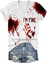 Camiseta feminina TOTWOW I'm Fine Blood Halloween com decote em V Camiseta feminina TOTWOW I'm Fine Blood Halloween com decote em V