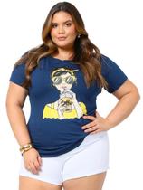 Camiseta Feminina Tshirt Blusa Plus Size Viscolycra CorAzul Caneta GG Moda Curve