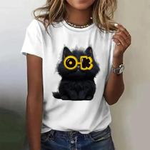 Camiseta Feminina Verão - Manga Curta, Gola O, Estampa de Gato Branco