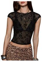 Camiseta feminina Verdusa Y2K Goth Floral Mesh Sheer Black