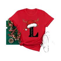 Camiseta Feminina Vermelha De Natal Com Alfabeto 26 A-Z Casual Fashion Manga Curta Para Festa