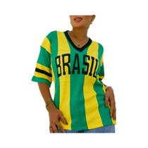 Camiseta Feminina Vintage Com Estampa Brasil Decote V Verão 2026 Patchwork Manga Curta Y2K Praia