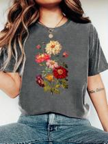 Camiseta Feminina Vintage De Verão Harajuku Flores Plantas Manga Curta Gola Redonda