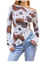 Camiseta feminina WDIRARA com estampa de vaca de um ombro Y2k Brown XS