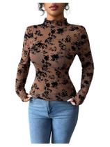 Camiseta feminina WDIRARA de malha floral Sheer See Through Coffee