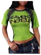 Camiseta feminina WDIRARA de malha transparente com estampa de letras verde limão Camiseta feminina WDIRARA de malha transparente com estampa de letras verde limão