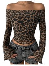 Camiseta feminina WDIRARA Leopard Off Shoulder, marrom, tamanho M
