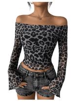 Camiseta feminina WDIRARA, leopardo, sem ombros, com ajuste curto Camiseta feminina WDIRARA, leopardo, sem ombros, com ajuste curto
