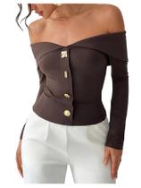 Camiseta feminina WDIRARA Off The Shoulder Metal Button Coffee
