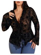 Camiseta feminina WDIRARA plus size de renda floral preta transparente Camiseta feminina WDIRARA plus size de renda floral preta transparente