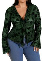 Camiseta feminina WDIRARA plus size de renda floral verde escuro transparente Camiseta feminina WDIRARA plus size de renda floral verde escuro transparente