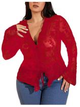 Camiseta feminina WDIRARA plus size de renda floral vermelha transparente Camiseta feminina WDIRARA plus size de renda floral vermelha transparente