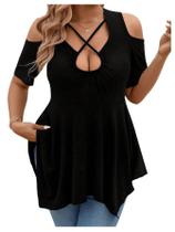 Camiseta feminina winkbay plus size Cold Shoulder preta