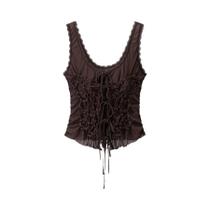 Camiseta Feminina Y2K Com Pregas E Rendas, Ajuste Slim, Decote Em V, Alças, Casual E Elegante.
