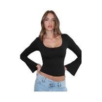 Camiseta Feminina Y2K Dulzura Com Gola Quadrada, Manga Longa, Rendas E Patchwork, Top Sexy E Camiseta Feminina Y2K Dulzura Com Gola Quadrada, Manga Longa, Rendas E Patchwork, Top Sexy E