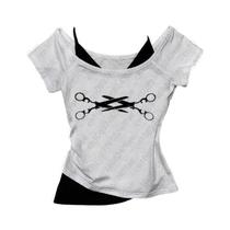 Camiseta Feminina Y2K Millennium Slimming Harajuku Retro De Manga Curta Gótica Punk Falsa Em Duas