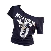Camiseta Feminina Y2K off Shoulder Com Estampa De Letras Vintage Casual De Verão Com Manga Curta