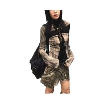 Camiseta Feminina Y2K Vintage Harajuku De Manga Longa Com Estampa Cruzada E Patchwork Grunge