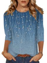 Camiseta feminina Zeagoo, estampa de folhas, manga 3/4, primavera e verão