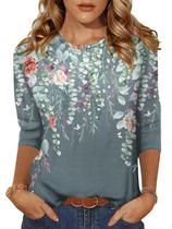 Camiseta feminina Zeagoo, manga 3/4, estampa de folhas, gola redonda