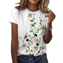 Camiseta feminina ZOCANIA com estampa floral, mistura de algodão, blusa casual