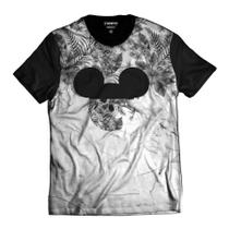 Camiseta Floral Caveira Mickey Mouse Street Wear Branca e Preta