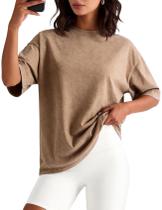 Camiseta Flygo Oversized para mulheres de algodão retrô folgada cáqui Camiseta Flygo Oversized para mulheres de algodão retrô folgada cáqui