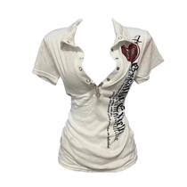 Camiseta fofa com estampa de letras polo vintage Y2K para mulheres Camiseta fofa com estampa de letras polo vintage Y2K para mulheres