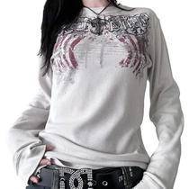 Camiseta fofa Y2K Grunge Goth Skulls estampada de manga comprida Camiseta fofa Y2K Grunge Goth Skulls estampada de manga comprida